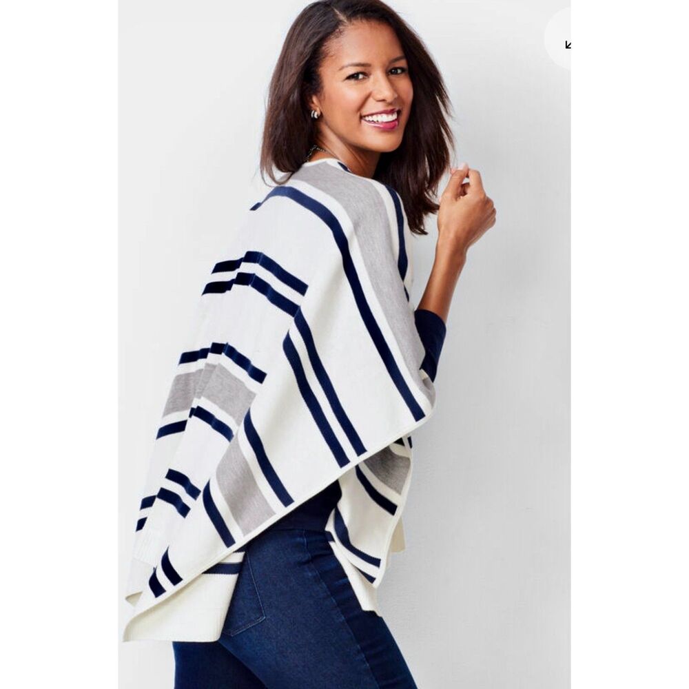 Talbots Ruana Stripe Poncho Cardigan Sweater Wrap Sz M/L Fall Football Classic